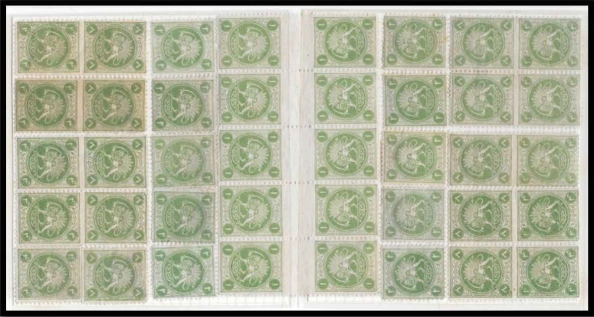 ورق تمبر بازسازی شده نمونه بار، چاپ شده با رنگ سبز، دو نيم ورق ٢٠ عددی در مقابل هم قرار دارد. 